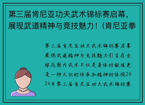 第三届肯尼亚功夫武术锦标赛启幕，展现武道精神与竞技魅力！(肯尼亚拳击手)