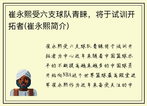 崔永熙受六支球队青睐，将于试训开拓者(崔永熙简介)