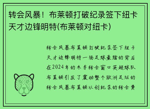 转会风暴！布莱顿打破纪录签下纽卡天才边锋明特(布莱顿对纽卡)